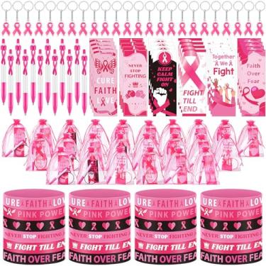 Imagem de Fullhawl Conjunto de presente de conscientização do câncer de mama com 120 peças, inclui canetas para câncer de mama, pulseiras de silicone, pulseiras de silicone, chaveiro marcador de livro, bolsa de