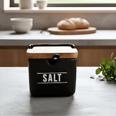 Imagem de Saleiro Branco Preto Porcelana Tampa Bambu com Colher (1, Preto, 270ml)