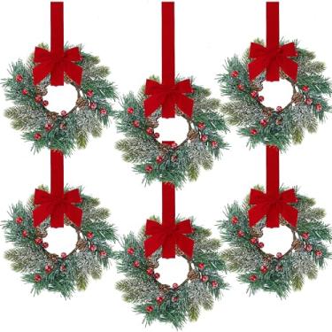 Imagem de Sggvecsy 6 mini guirlandas de Natal, guirlanda de pinheiro fosco Norfolk com laços de fita, pinhas vermelhas de frutas vermelhas artificiais, pequenas guirlandas de cozinha para janela, porta da