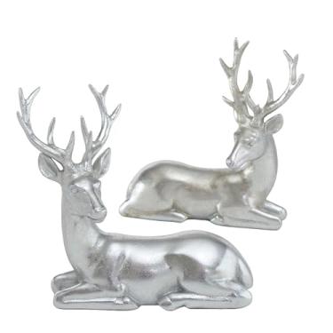 Imagem de WHW Whole House Worlds Estatuetas de rena rústica, conjunto de 2, feitas à mão, resina fundida, acabamento prateado, poses reclinadas, 15 cm