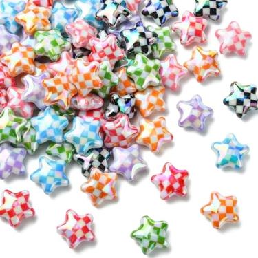 Imagem de UR URLIFEHALL 50 contas aleatórias de acrílico estrelas opacas contas espaçadoras com padrão tartan para bricolage pulseira da amizade, colar, joias, artesanato, suprimentos