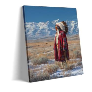 Imagem de CANLUNTE Arte de parede em tela com retrato de chefe nativo americano - Impressão de neve indígena no inverno, decoração rústica do sudoeste ocidental para sala de estar, escritório (arte tela
