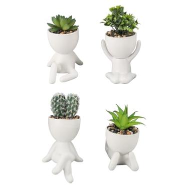 Imagem de Vaso de suculenta artificial fofo em forma humana de plástico de cerâmica com vasos para decoração de escritório em casa, conjunto de 4 peças