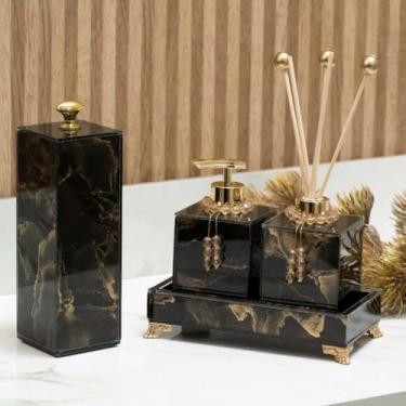 Imagem de KIT LAVABO COMPLETO EFEITO MÁRMORE COM PORTA ESCOVA DE DENTE BANDEJA 20X10 (PRETO COM DOURADO)