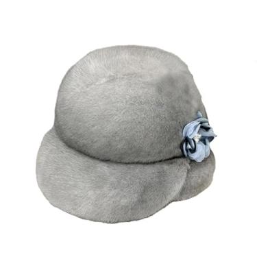 Imagem de Chapéu feminino elegante de pele francesa chapéu de pele mantém quente chapéu de pele adorável flores decoradas chapéu superior de pele safira cinza G