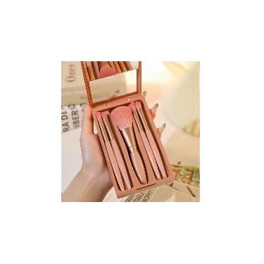 Imagem de Conjunto de pincéis de maquiagem de 5 peças com espelho, cerdas mais macias para pó, blush, aplicação de sombra, kit de viagem portátil elegante, rosa
