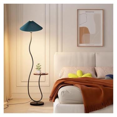 Imagem de Luminária de chão Luminária de chão moderna meados do século com arco dourado e prateleira abajur tecido plissado base mármore(Green)