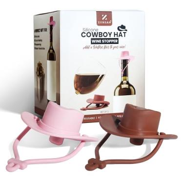 Imagem de Pacote com 2 tampas de garrafa de vinho de chapéu de cowboy de silicone – marrom escuro e rosa – tampas herméticas para economia de vinho – acessórios de bar novidade ocidental – conjunto de presente