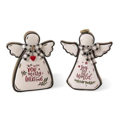 Imagem de Bechivie 2 peças de estatuetas de anjos de Natal, decorações de Natal de 12 cm de resina Joy To The World, decoração de férias para mesa de casa, bandeja em camadas, prateleira de escritório, enfeites