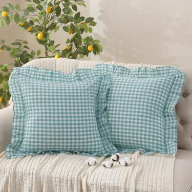 Imagem de YHJWW Capas de almofada azul-petróleo guingão, 100% algodão lavado, como linho, sensação macia, confortável, com babados e fazenda, conjunto de 2 fronhas para sofá-cama (45 x 45 cm, fecho de zíper)