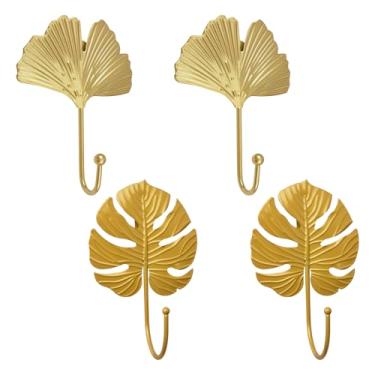 Imagem de MOROBOR Gancho de ferro com folhas decorativas, 4 peças de ganchos montados na parede em forma de folha, suporte de chave moderno montado na parede, dourado, cabide de chapéu de pino único, casa