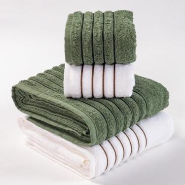 Imagem de Jogo Toalhas de Banho 4 Peças Super Luxo 100% Algodão Casal Gigante Felpuda Alta Absorção – Conforto e Elegância (BRANCO/VERDE MOSS)