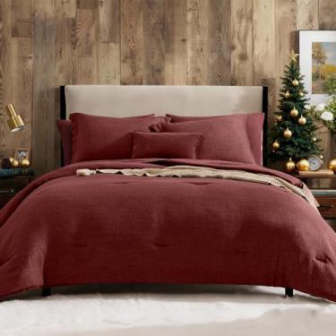 Imagem de Geniospin Conjunto de edredom queen vermelho brilhante – 7 peças, conjunto de cama lisa para todas as estações, cama texturizada em uma bolsa com lençóis
