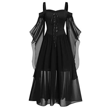 Imagem de GAANBODI Fantasias de Halloween 2024, vestidos góticos renascentistas, ombros de fora, renda, manga morcego, vestido medieval para cosplay, 04 - Preto, 4X-Large