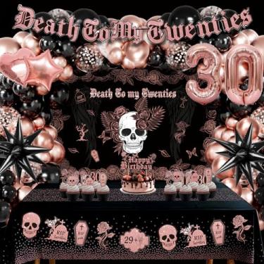 Imagem de Death to My 20s Birthday Decorations for Her or Him - 30th Birthday Party Supplies, Black Rose Gold Balloons, Skull Backdrop, Death to My Twenties Banner, RIP Twenties Cake Cupcake Toppers