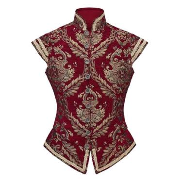 Imagem de Diajosa cos Colete masculino Tudor duplo vitoriano medieval renascentista Tudor príncipe rei fantasia Ren Faire Jerkin colete colete (vermelho, M)