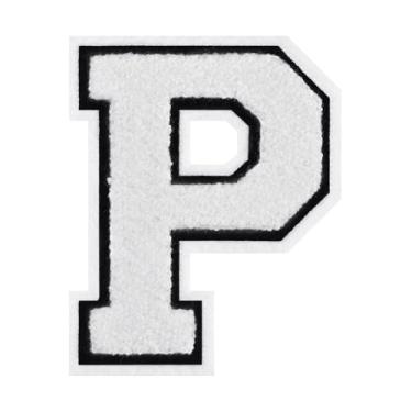 Imagem de 1 peça de patch de letra de chenille branco de 11,4 cm com borda preta – Remendos do alfabeto para roupas, jaquetas, mochilas, chapéus para decoração personalizada, nome personalizado e artesanato. (P