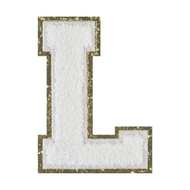 Imagem de 1 peça de patch de letra de chenille branco de 11,4 cm com borda dourada – Remendos do alfabeto para roupas, jaquetas, mochilas, chapéus para decoração personalizada, nome personalizado e artesanato