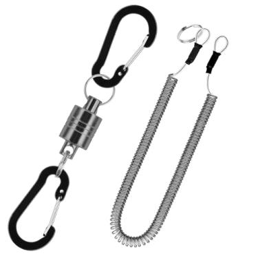 Imagem de VQORAHUIX Rede magnética de liberação de rede de pesca com mosca retrátil chaveiro magnético, para pesca com mosca com cordão retrátil em espiral mosquetão