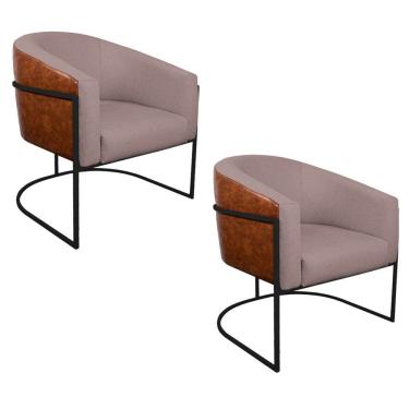 Imagem de Kit 02 Poltronas Luiza Base De Ferro Preto Corano Nozes E Linho Cor Rosê
