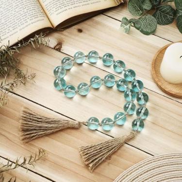 Imagem de Misdary 1 guirlanda de contas de vidro azul boho com borlas de 65,59 cm, contas de vidro pequenas redondas transparentes com 2 borlas, contas de juta marrom com nó para decoração de casa boho chique