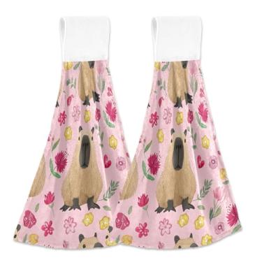 Imagem de Toalhas de mão de cozinha com laço para pendurar lindas flores capivaras rosa conjunto de toalhas de forno de 2, toalha de mão de cozinha absorvente decorativa, 18,2 x 14 polegadas