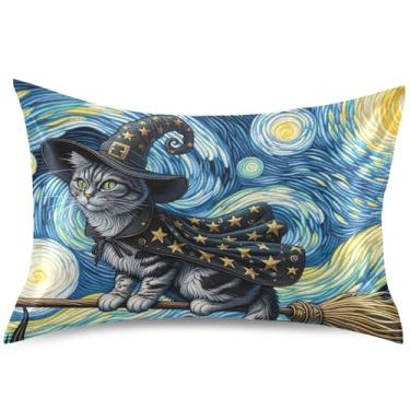 Imagem de Travesseiro de cetim noite estrelada bruxa gato almofada decorativa padrão queen king decoração de cama, tamanho padrão, 66 cm x 50 cm