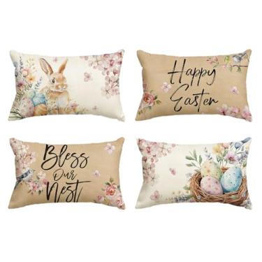 Imagem de AVOIN colorlife Capa de almofada Happy Easter Rabbit Cherry Blossom Easter Eggs Hickadee, 30 x 50 cm, Bless Our Nest Flowers Chickadee, marrom, capa de almofada para sofá conjunto de 4