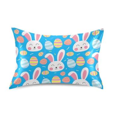 Imagem de Lindos coelhos Ovos de Páscoa Fronhas de Cetim Azul para Refrescante de Cabelo King Queen Capas de Almofadas Personalizadas Decoração de Casa Tamanho Padrão 66 cm x 50 cm