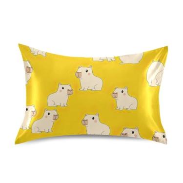 Imagem de Lindas fronhas de cetim amarelo de capivaras de desenho animado fofo refrescante padrão king queen fronhas de cama premium capa queen size 76.2 cm x 50.8 cm