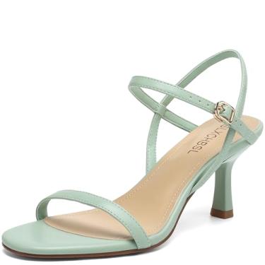 Imagem de SLXCHBSL Sandálias femininas de salto redondo, bico aberto, tiras ajustáveis, tira no tornozelo, sapatos sociais, salto gatinho para festa de casamento, Verde, 40