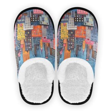 Imagem de Joisal Chinelos femininos portáteis Tie Dye Dragonflies para casa, chinelos de viagem para avião 35-45, Paisagem urbana, 9-12 US Women/9-12 US Men