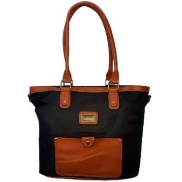 Imagem de Conjunto de Bolsas Femininas 2 em 1, Preta com Detalhes Caramelo, Couro Sintético e Nylon, Bolsa Média 40x30x13cm e Bolsa Pequena 33x19x8cm