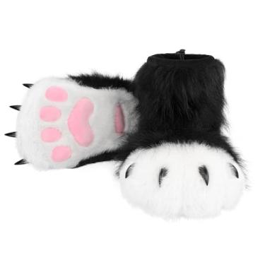 Imagem de HAOAN Pantufas de pata de animais peludos, botas felpudas, gatos, raposa, lobo, urso, garras, acessórios para cosplay de Halloween, Branco escuro, Tamanho Único