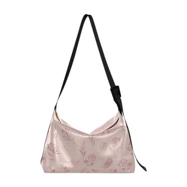 Imagem de White Daisy Leaves Hobo Bolsas femininas de couro grandes masculinas bolsas de ombro com estampa de folhas modernas, Folhas rosa rosa