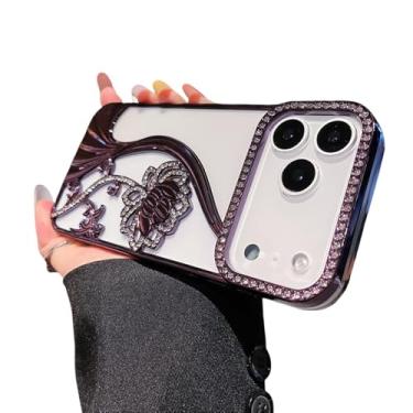 Imagem de Capa transparente para celular com flores de strass brilhantes para iPhone 17 16 15 14 13 12 11 Pro Max Air Plus, com moldura reforçada, roxa escura.
