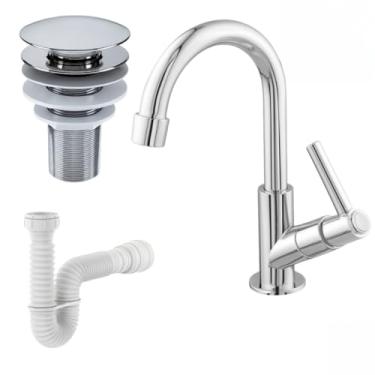 Imagem de Kit de Banheiro em ABS- Torneira Bancada + Ralo Válvula click 7/8 Cromada+ Sifão Flexível Universal