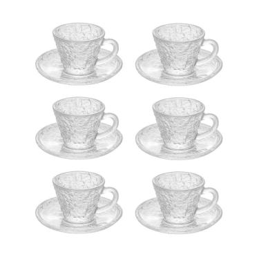 Imagem de Cj 6 Xícaras P/Café C/Pires de Cristal Martelado Petra Transparente 70ml Lyor
