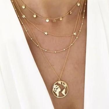 Imagem de Conjunto de colar feminino minimalista com pingente de estrela em camadas, disco de ouro de 4 camadas e corrente de estrela, colar geométrico moderno, joia moderna de liga metálica banhada, One size