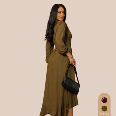 Imagem de Vestido Sofisticado Midi Manga Longa Transpassado Ajustável Poema Prem