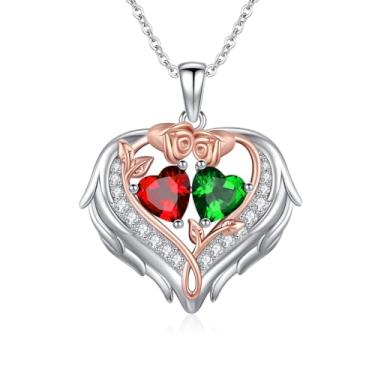 Imagem de WYDDO Colar de coração com asas de anjo para mulheres, pedra do mês de nascimento duplo, pingente de flor de rosa, presente ideal para aniversário, Natal, presente para esposa, mãe, namorada, filha