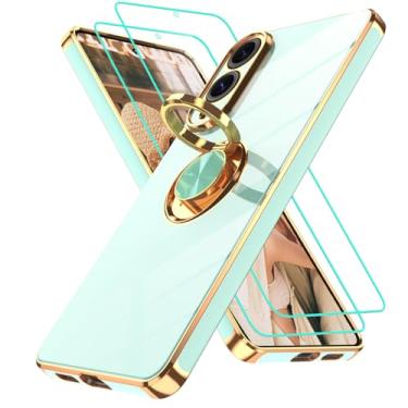 Imagem de Gritup Capa para Samsung Galaxy S25 Edge | 2 peças protetoras de tela | Suporte magnético de rotação de 360°, capa protetora à prova de choque de TPU macio com borda dourada banhada a ouro para S25