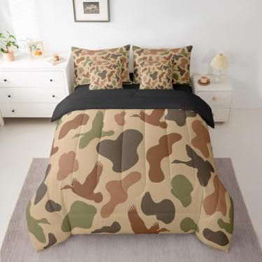 Imagem de Feelyou Jogo de cama queen camuflado e pato caçador de pato para meninos e meninas, conjunto de cama com 7 peças, ultramacio, inclui edredom, conjunto de lençol, fronhas marrom e verde