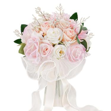 Imagem de Buquês de casamento rosa claro de 23 cm para noiva, dama de honra, buquê de borda de seda, blush branco, rosa pastel, artificial, flores de seda falsa, para casamento, primavera, boho, rústico, igreja