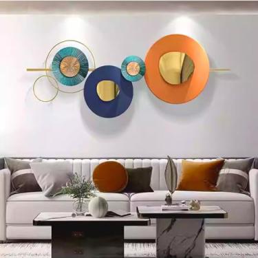 Imagem de Decoração de parede redonda geométrica criativa moderna, decoração de arte de parede de metal 3D dourada para sala de estar 150 x 52 cm, esculturas de parede grandes esculturas de metal