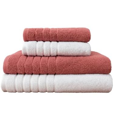 Imagem de Kit 4 Toalhas Algodão (02 Banho + 02 Rosto) - Jogo de Toalhas Super Absorventes 400g Tamanho Grande 70cm x 130cm (BRANCO - TERRACOTA)