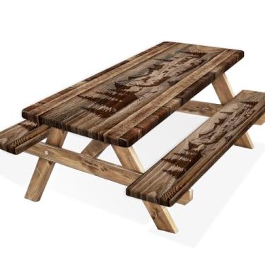 Imagem de Capa de mesa de piquenique ajustada para acampamento com capas de banco e bolsa, toalha de mesa de piquenique rústica retrô marrom com bordas elásticas para acampamento no pátio, itens essenciais