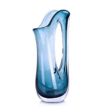 Imagem de Vaso de vidro soprado de 32 cm H para flor, vaso decorativo abstrato de vidro, peça central ombré, para sala de estar, mesa de jantar, grama dos pampas, flores secas, flores e botões (azul)