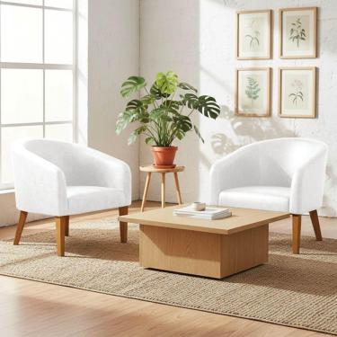 Imagem de Poltrona Sala Decorativa Kit 2 Stella Pé Madeira Trapézio Castanho Sintético Pu D03 - D'rossi Branco