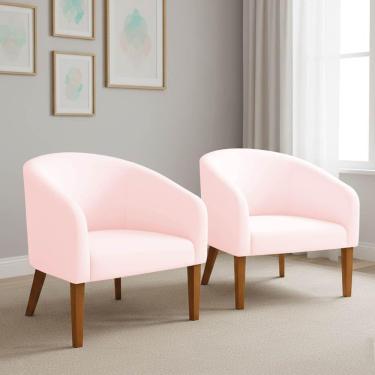 Imagem de Poltrona Sala Decorativa Kit 2 Stella Pé Madeira Trapézio Castanho Suede D03 - D'rossi Rosa Bebê